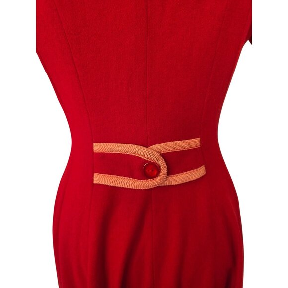 Vintage 50s Joan Miller Juniors Red Wool Dress Sz S Button Front Peach Trim - Picture 4 of 7